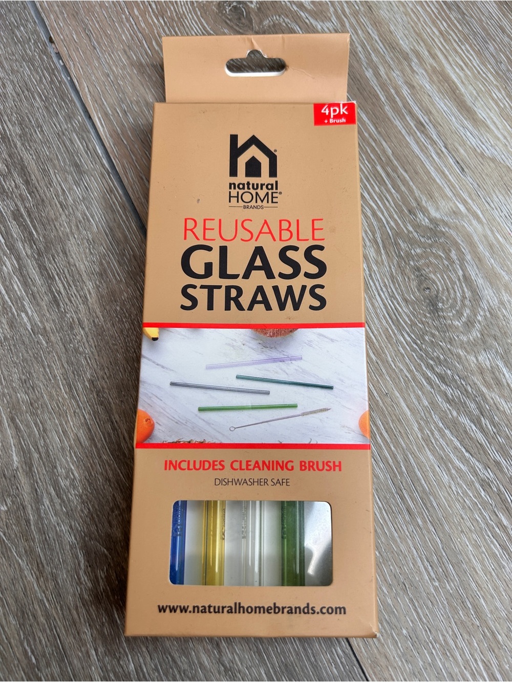 Natural Home 4 Pack Reusable Glass Straws:W/Cleaning Brush/Diswasher Safe